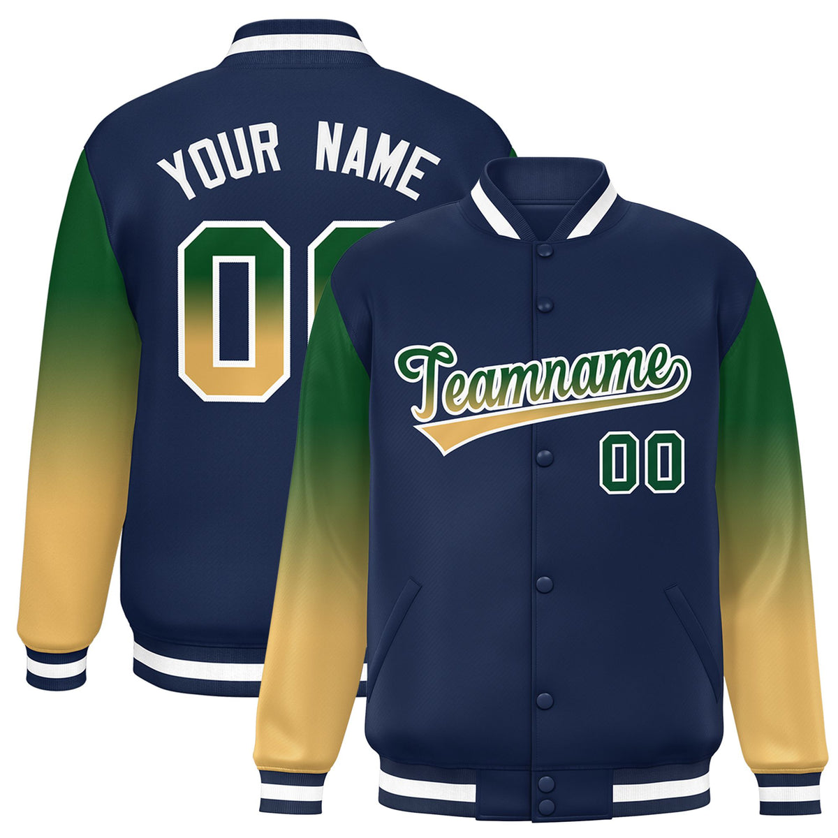 Custom Navy Green-Khaki Varsity Full-Snap Sleeve Gradient Fashion Letterman Baseball Jacket