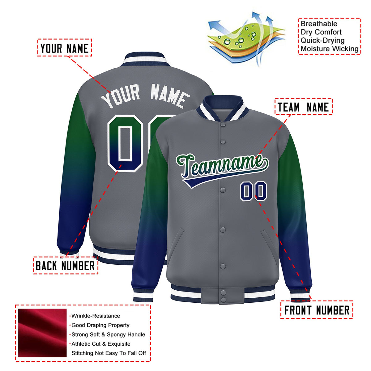 Custom Dark Gray Green-Royal Blue Varsity Full-Snap Sleeve Gradient Fashion Letterman Baseball Jacket