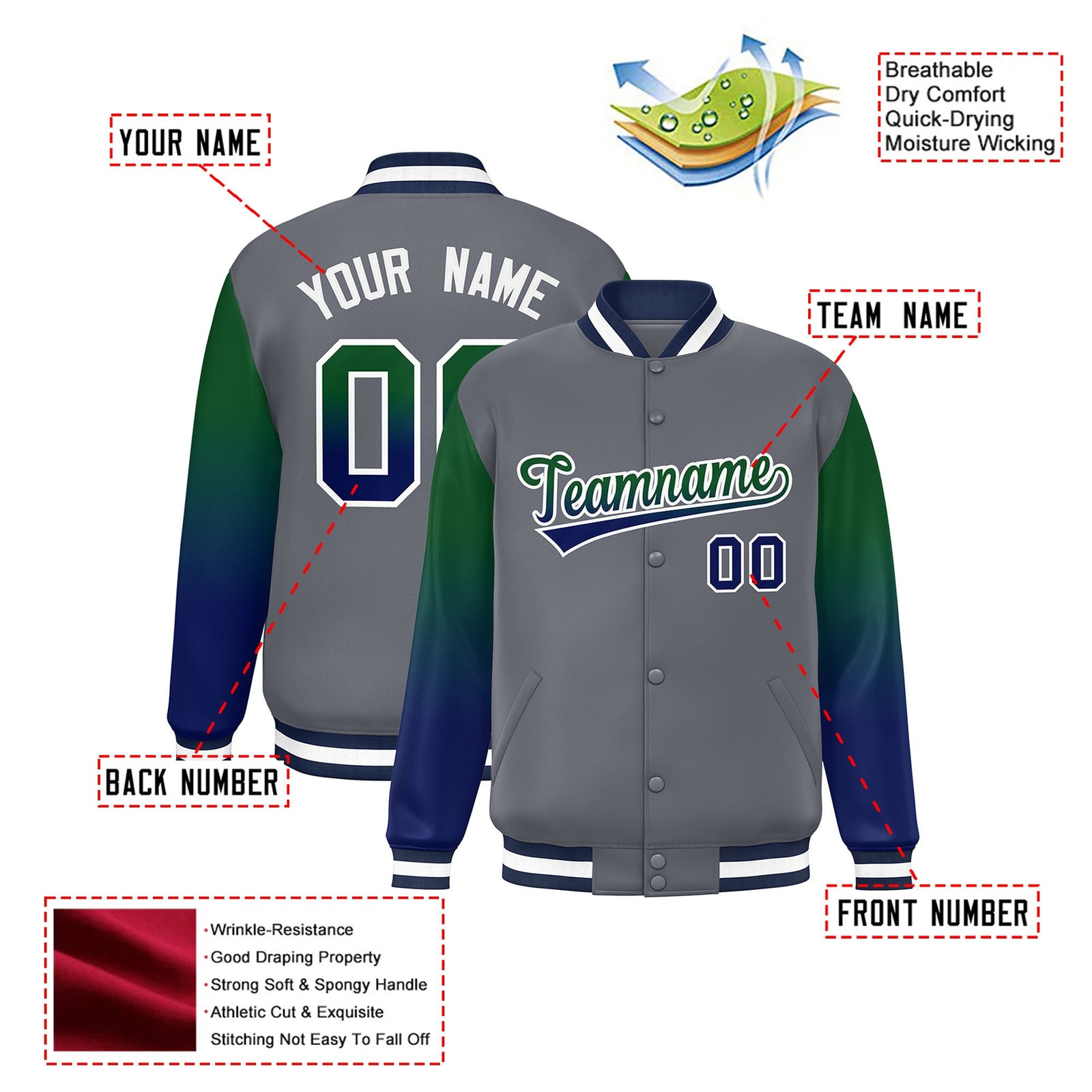 Custom Dark Gray Green-Royal Blue Varsity Full-Snap Sleeve Gradient Fashion Letterman Baseball Jacket