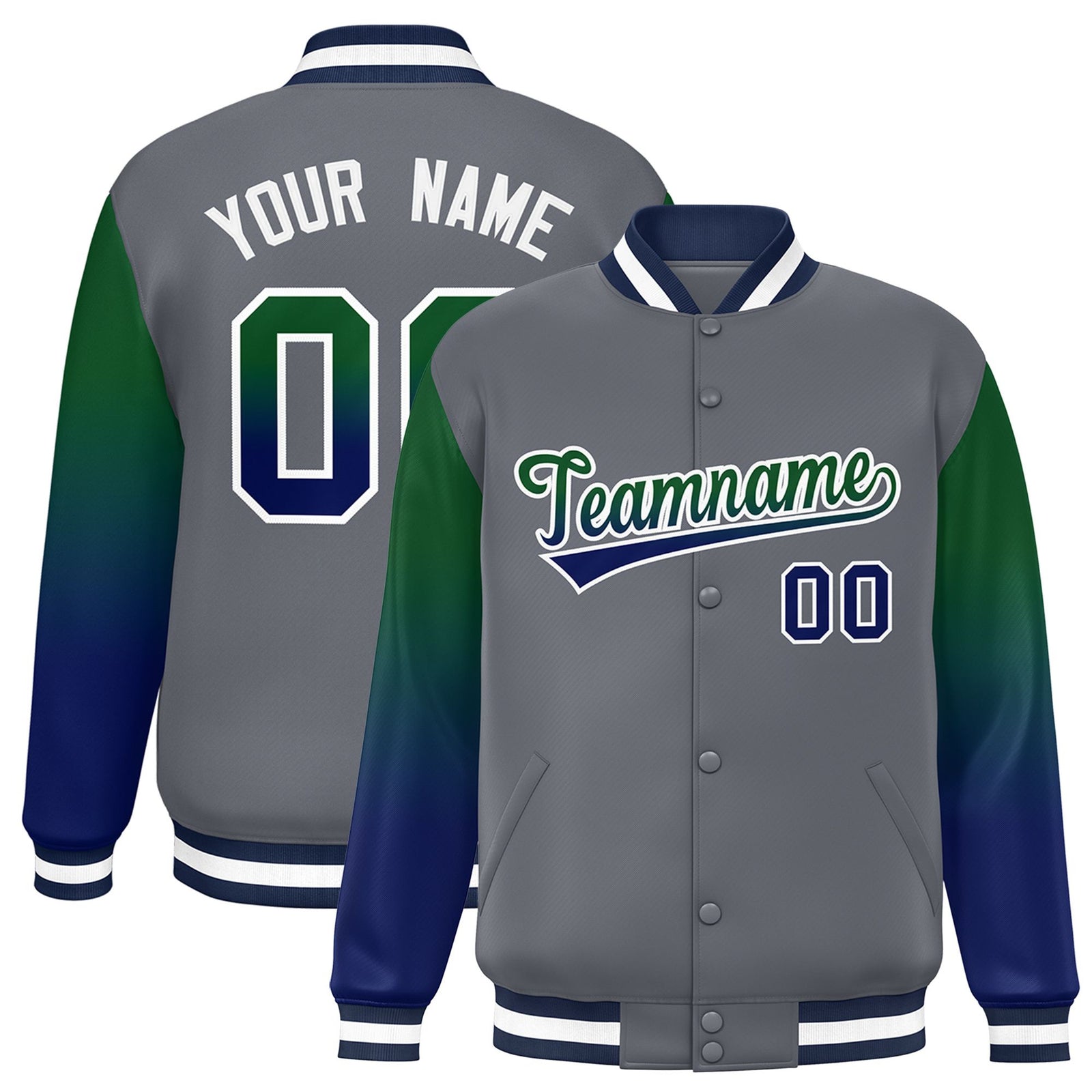 Custom Dark Gray Green-Royal Blue Varsity Full-Snap Sleeve Gradient Fashion Letterman Baseball Jacket