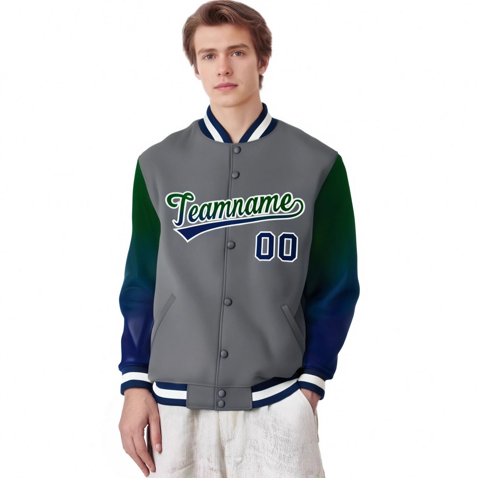 Custom Dark Gray Green-Royal Blue Varsity Full-Snap Sleeve Gradient Fashion Letterman Baseball Jacket
