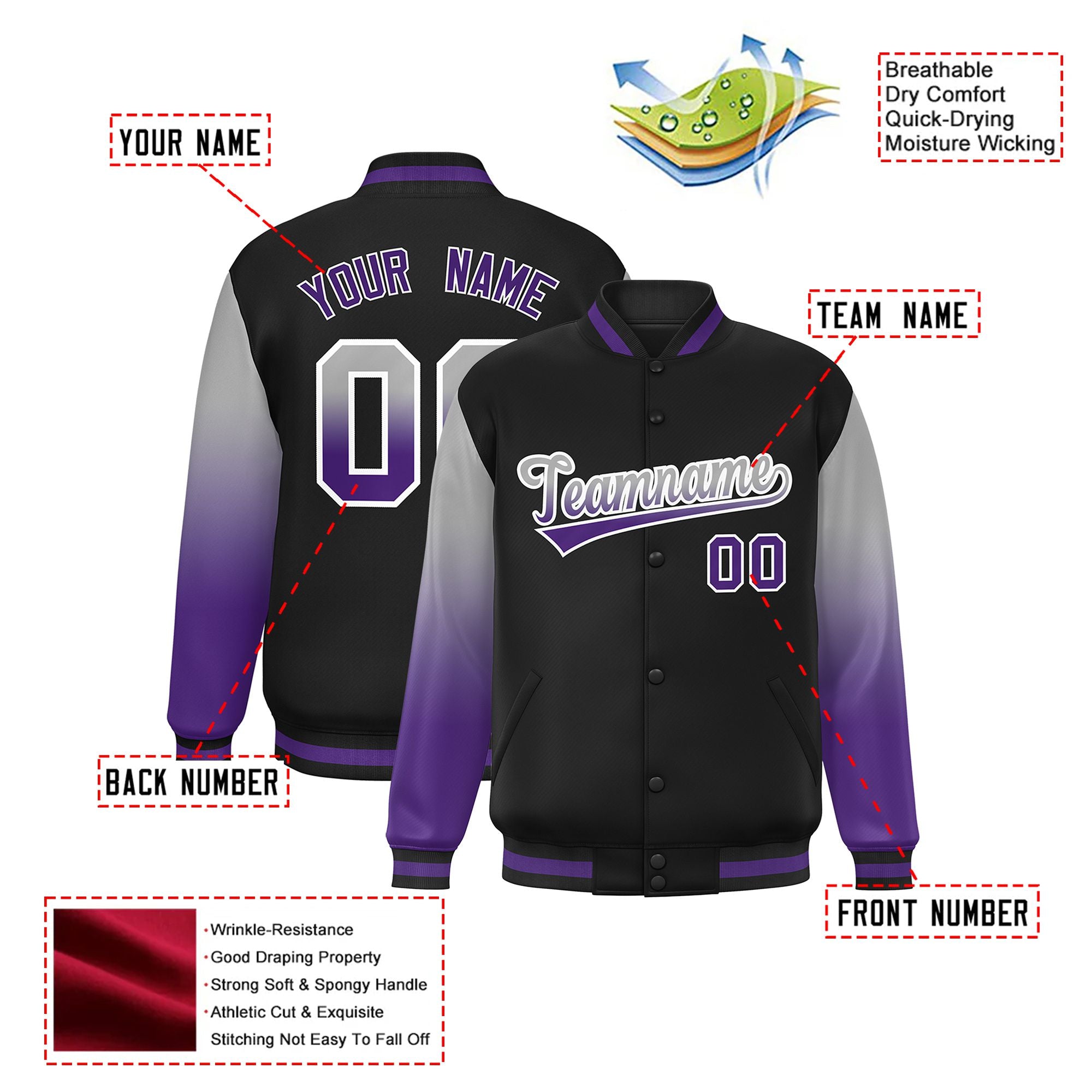 Custom Black Gray-Purple Varsity Full-Snap Sleeve Gradient Fashion Letterman Baseball Jacket