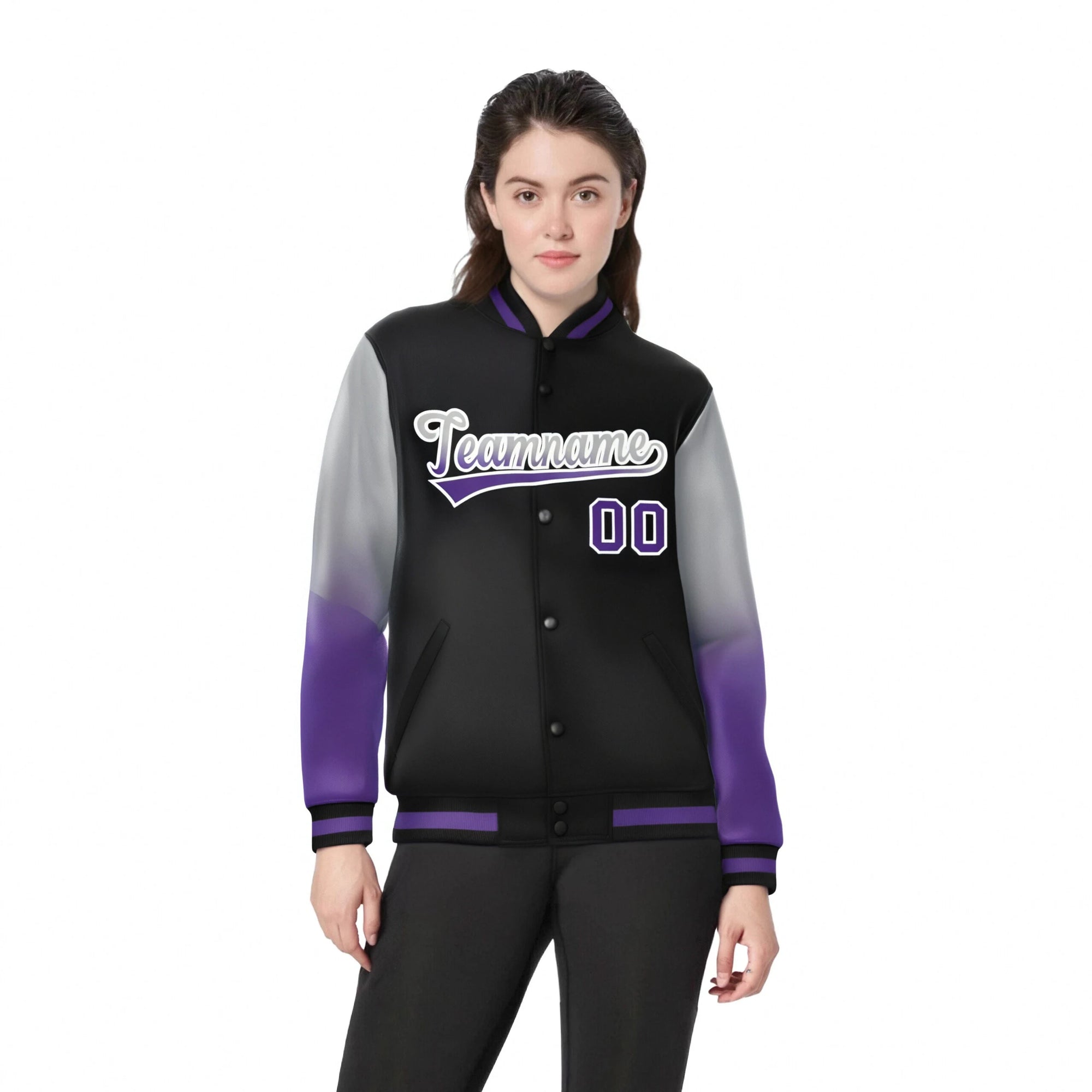 Custom Black Gray-Purple Varsity Full-Snap Sleeve Gradient Fashion Letterman Baseball Jacket