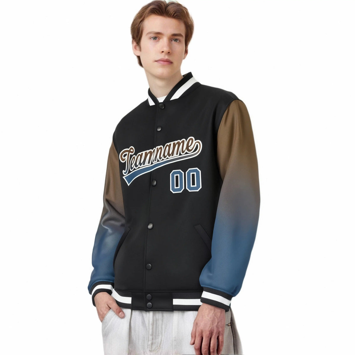 Custom Black Light Brown-Midnight Blue Varsity Full-Snap Sleeve Gradient Fashion Letterman Baseball Jacket