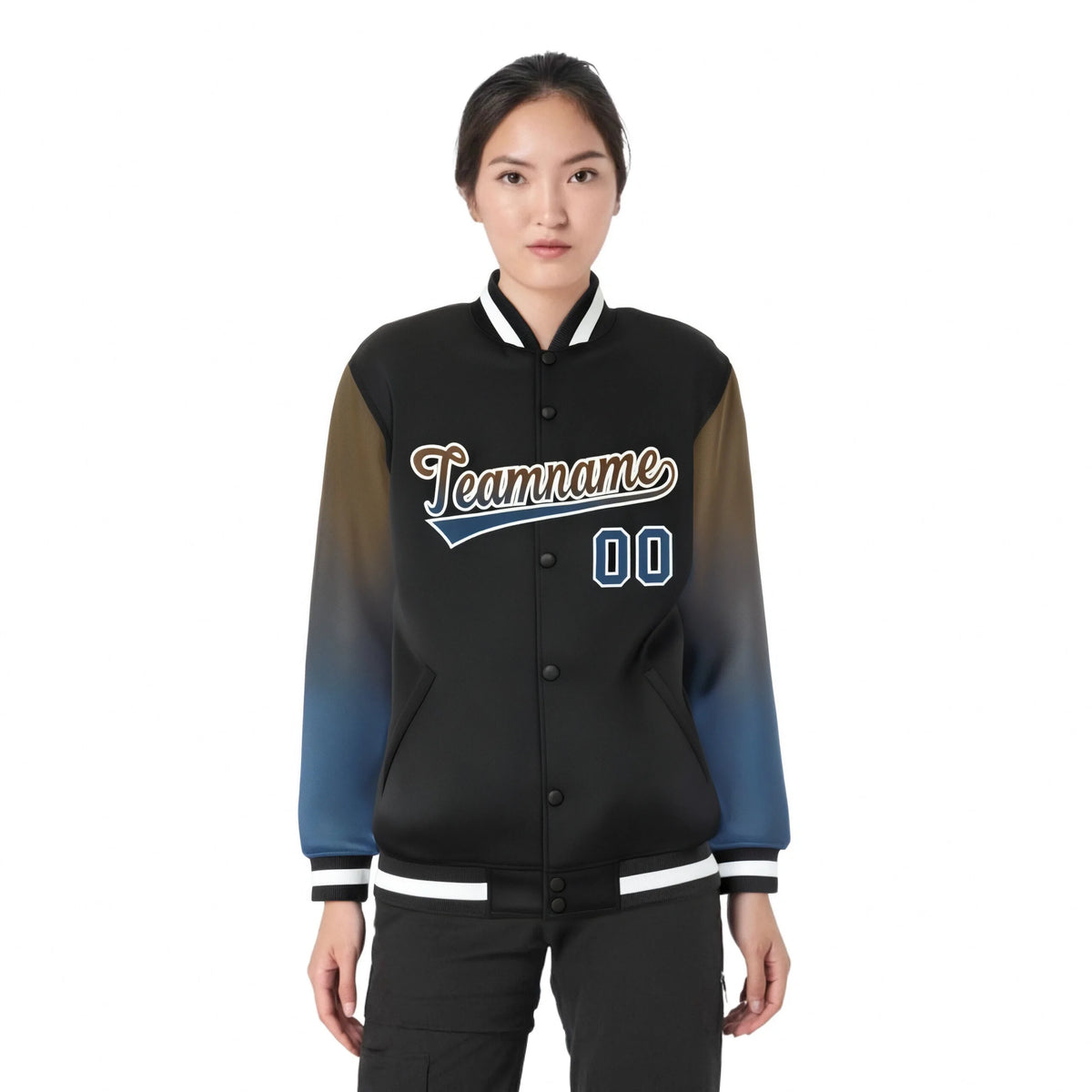 Custom Black Light Brown-Midnight Blue Varsity Full-Snap Sleeve Gradient Fashion Letterman Baseball Jacket