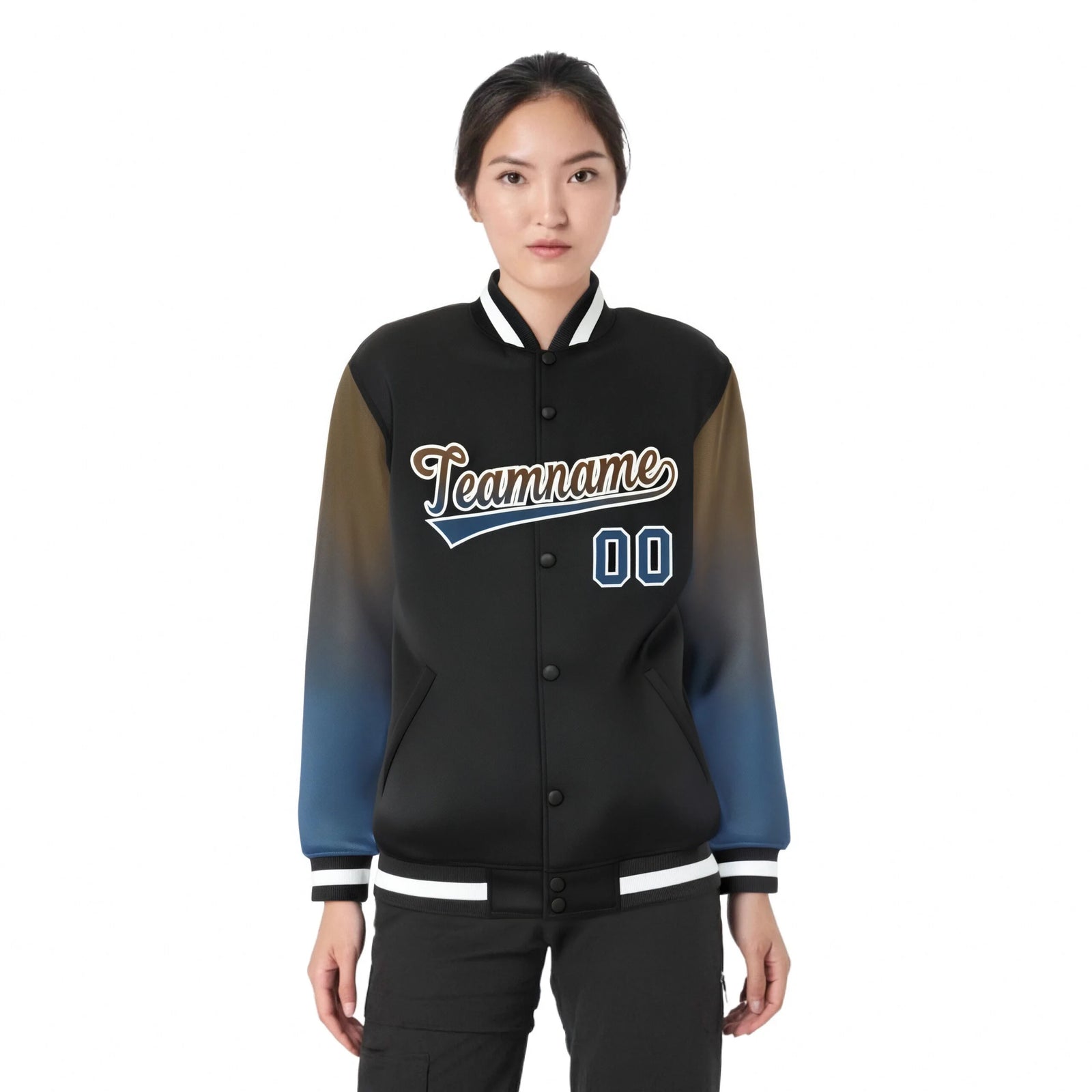 Custom Black Light Brown-Midnight Blue Varsity Full-Snap Sleeve Gradient Fashion Letterman Baseball Jacket