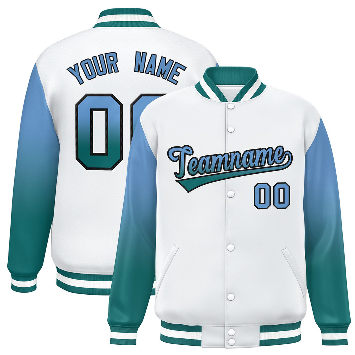 Custom White Light Blue-Aqua Varsity Full-Snap Sleeve Gradient Fashion Letterman Baseball Jacket