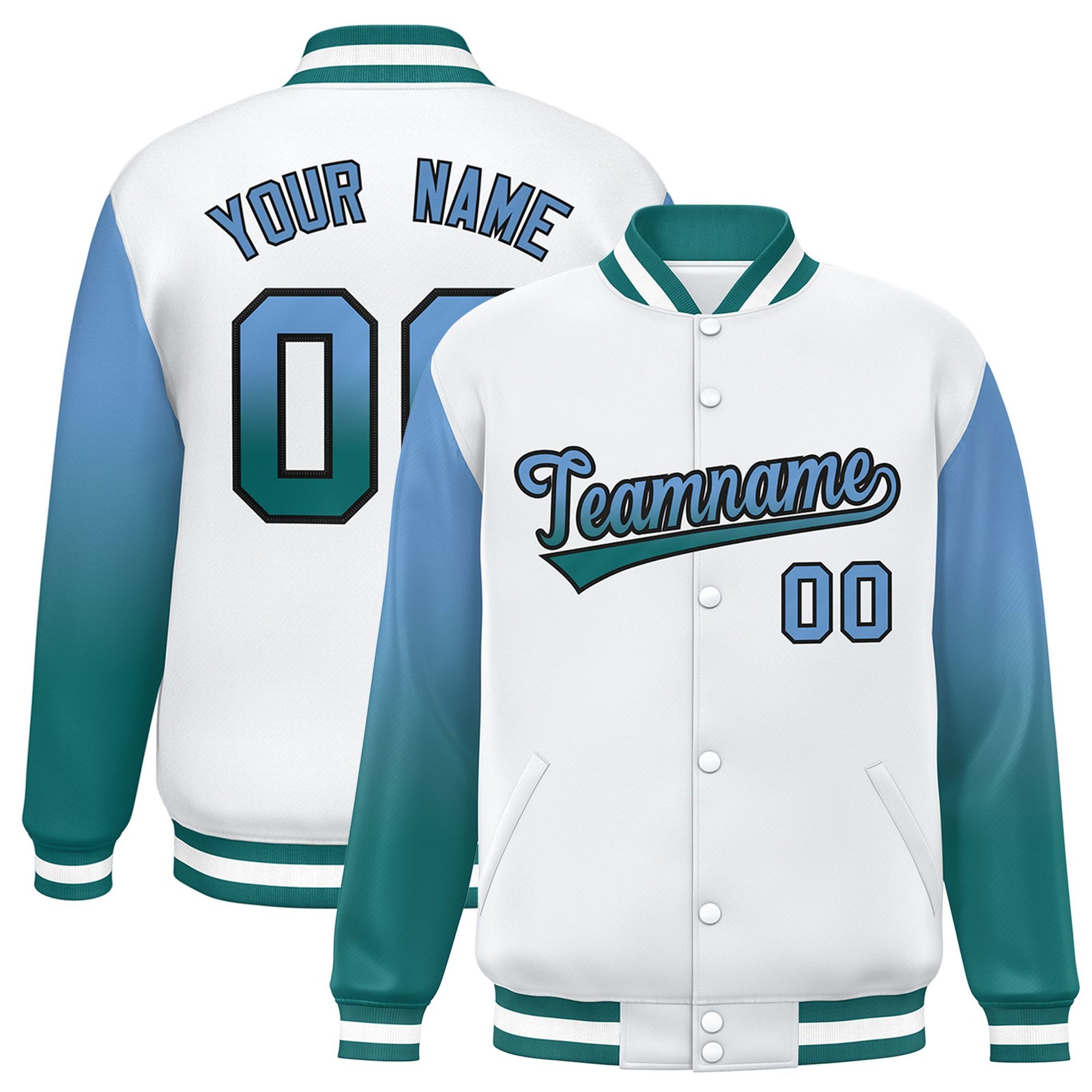 Custom White Light Blue-Aqua Varsity Full-Snap Sleeve Gradient Fashion Letterman Baseball Jacket