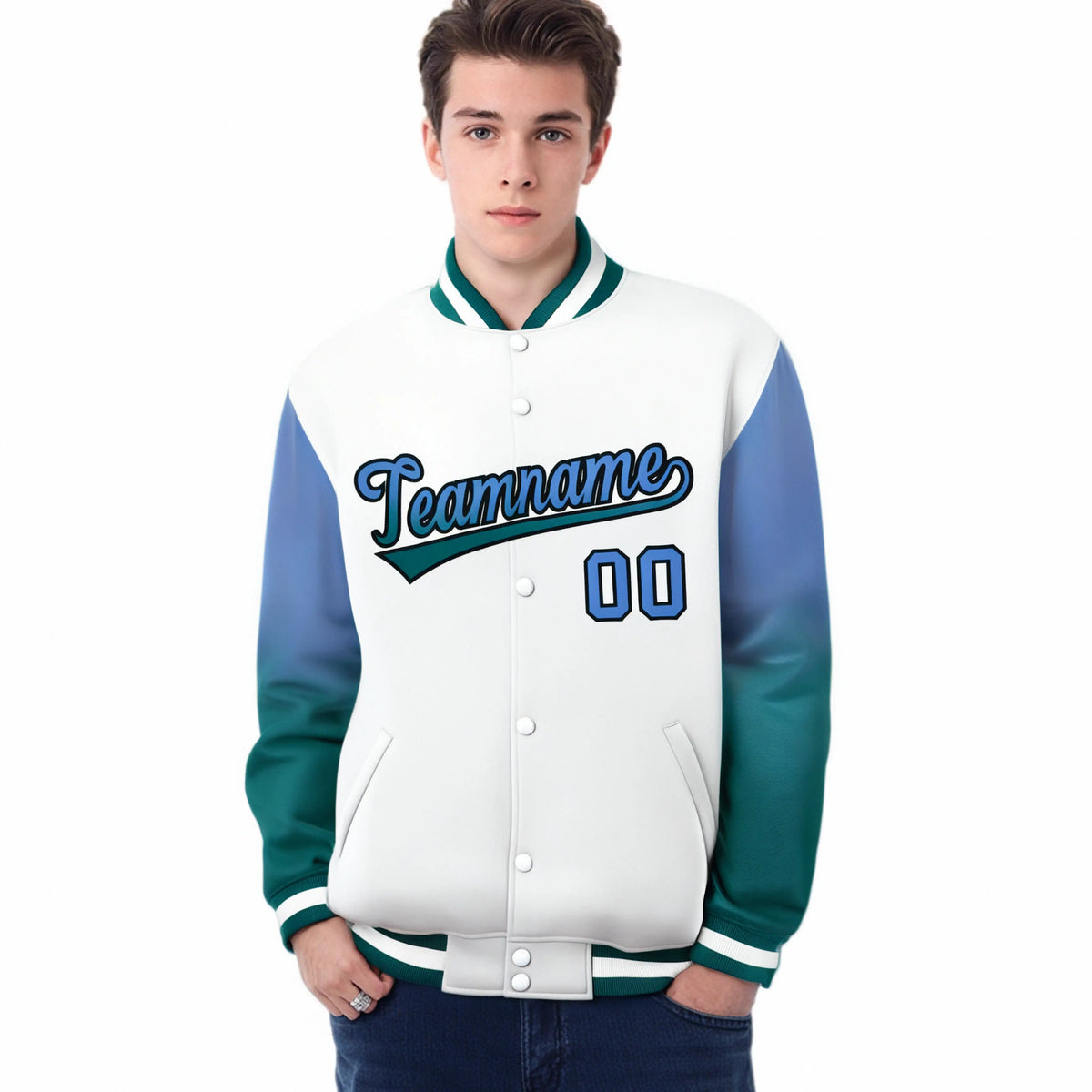 Custom White Light Blue-Aqua Varsity Full-Snap Sleeve Gradient Fashion Letterman Baseball Jacket
