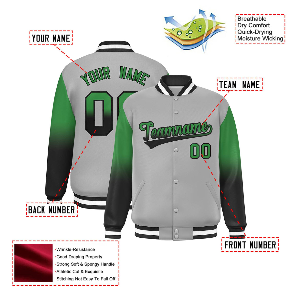 Custom Gray Kelly Green-Dark Gray Varsity Full-Snap Sleeve Gradient Fashion Letterman Baseball Jacket