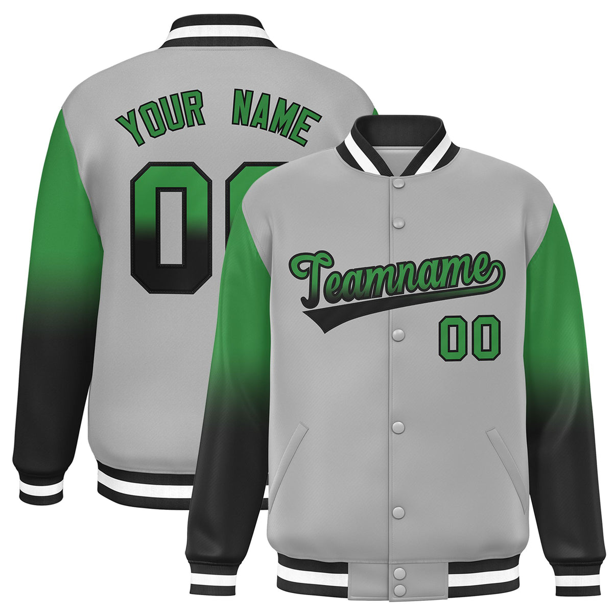 Custom Gray Kelly Green-Dark Gray Varsity Full-Snap Sleeve Gradient Fashion Letterman Baseball Jacket