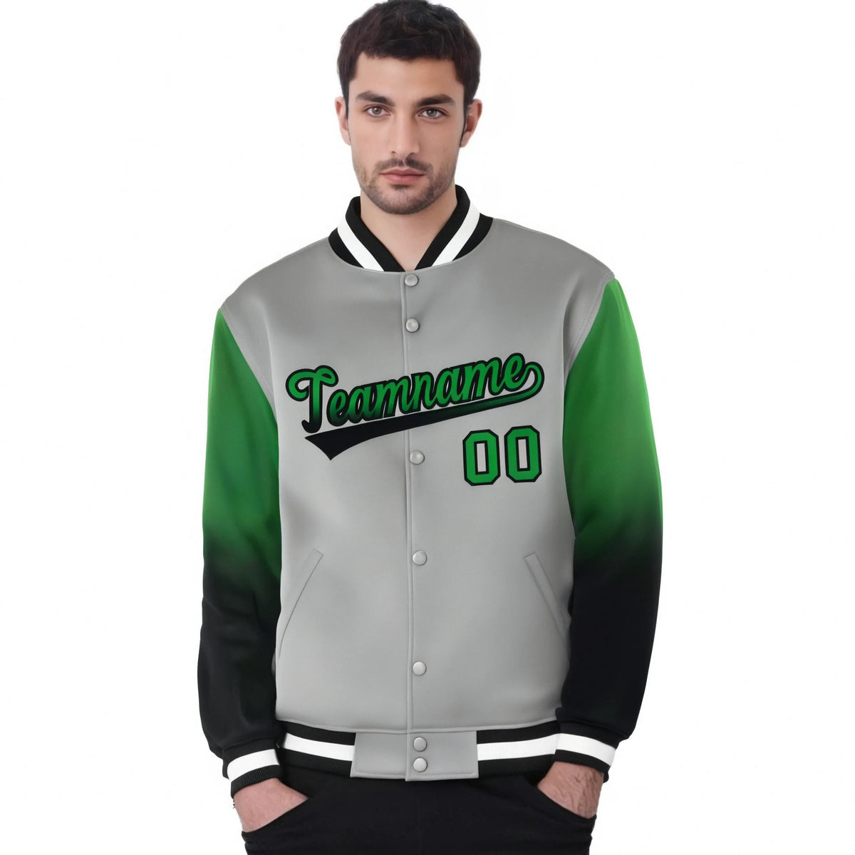Custom Gray Kelly Green-Dark Gray Varsity Full-Snap Sleeve Gradient Fashion Letterman Baseball Jacket