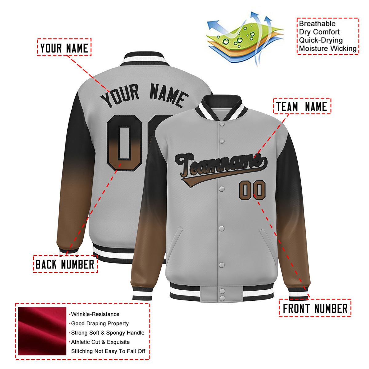 Custom Gray Brown-Light Brown Varsity Full-Snap Sleeve Gradient Fashion Letterman Baseball Jacket