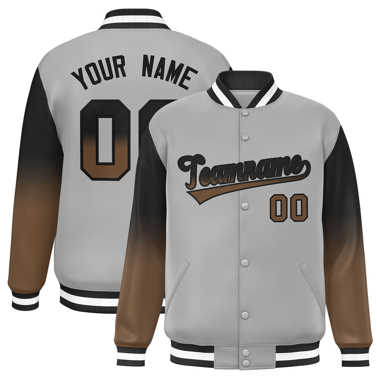 Custom Gray Brown-Light Brown Varsity Full-Snap Sleeve Gradient Fashion Letterman Baseball Jacket