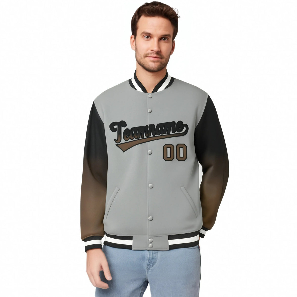 Custom Gray Brown-Light Brown Varsity Full-Snap Sleeve Gradient Fashion Letterman Baseball Jacket
