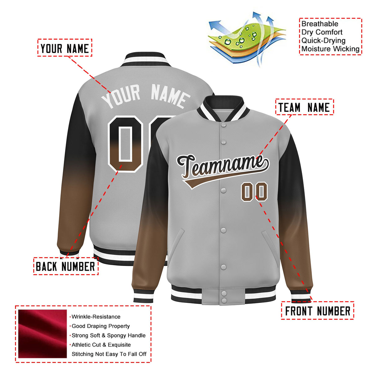 Custom Gray Brown-Light Brown Varsity Full-Snap Sleeve Gradient Fashion Letterman Baseball Jacket