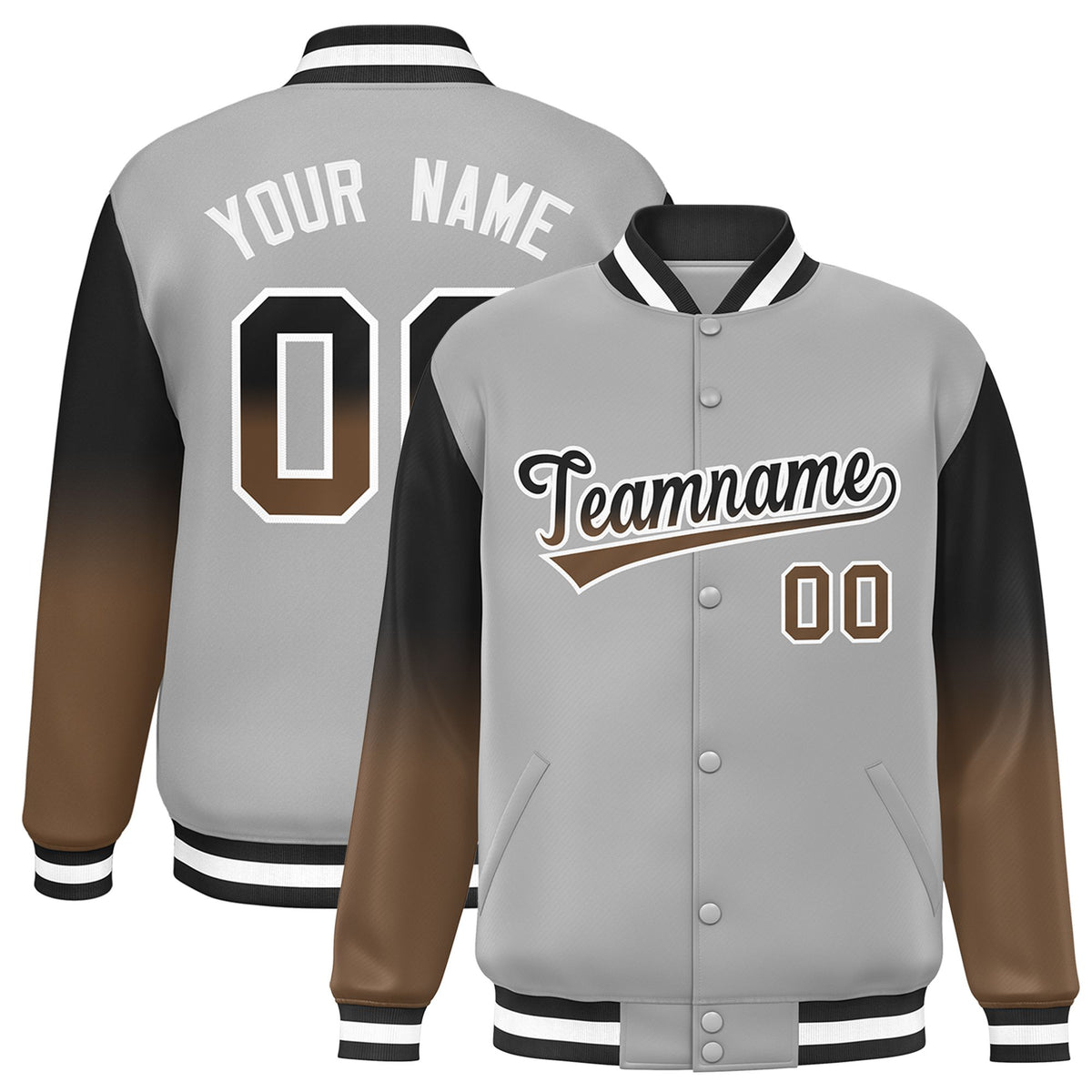Custom Gray Brown-Light Brown Varsity Full-Snap Sleeve Gradient Fashion Letterman Baseball Jacket