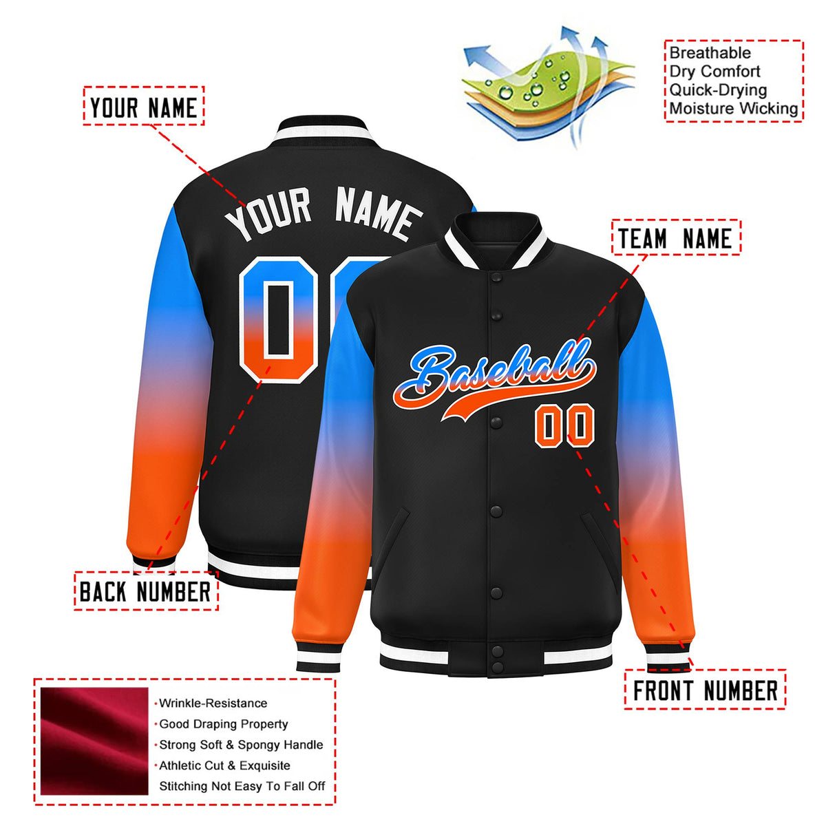 Custom Black Powder Blue-Orange Varsity Full-Snap Sleeve Gradient Fashion Letterman Baseball Jacket