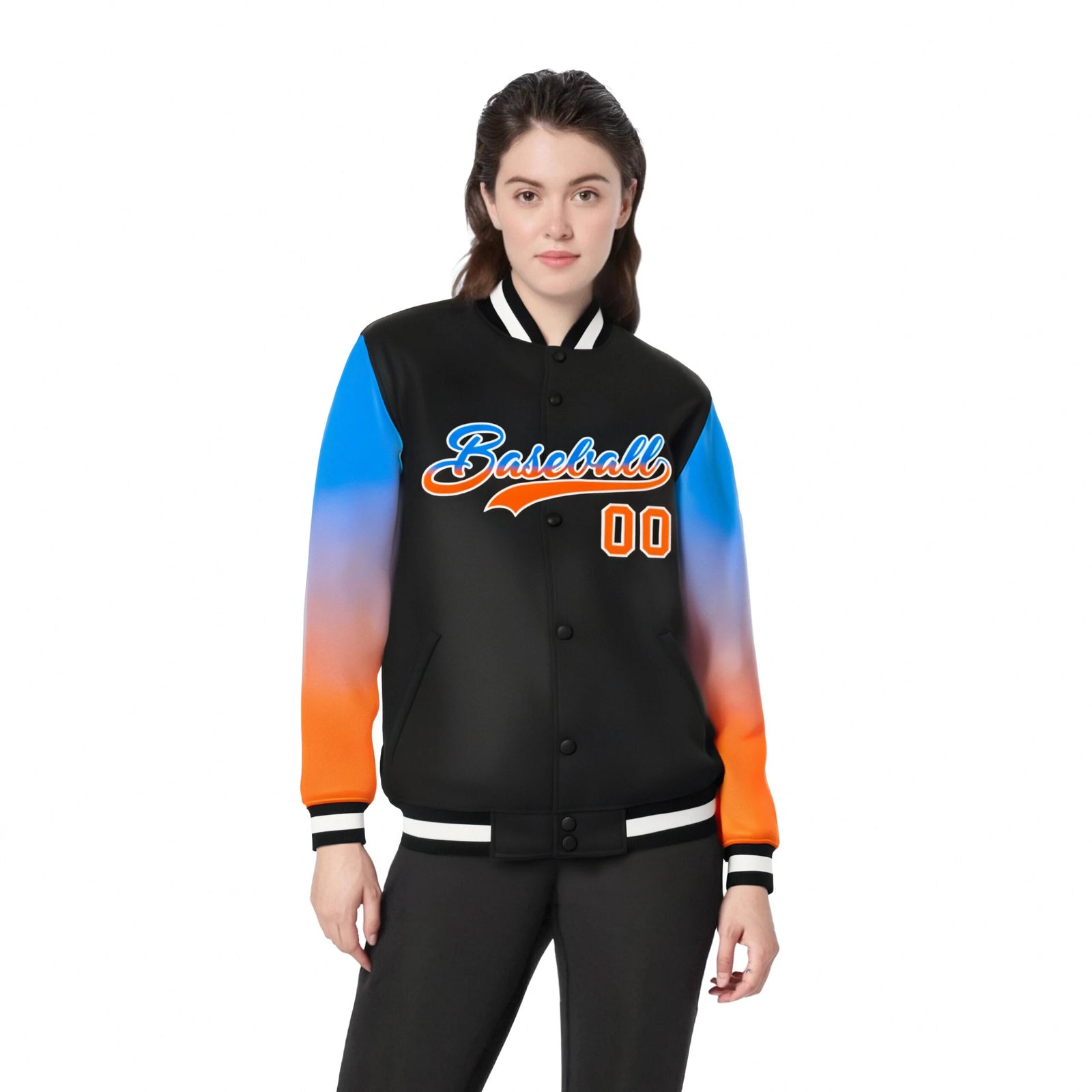 Custom Black Powder Blue-Orange Varsity Full-Snap Sleeve Gradient Fashion Letterman Baseball Jacket