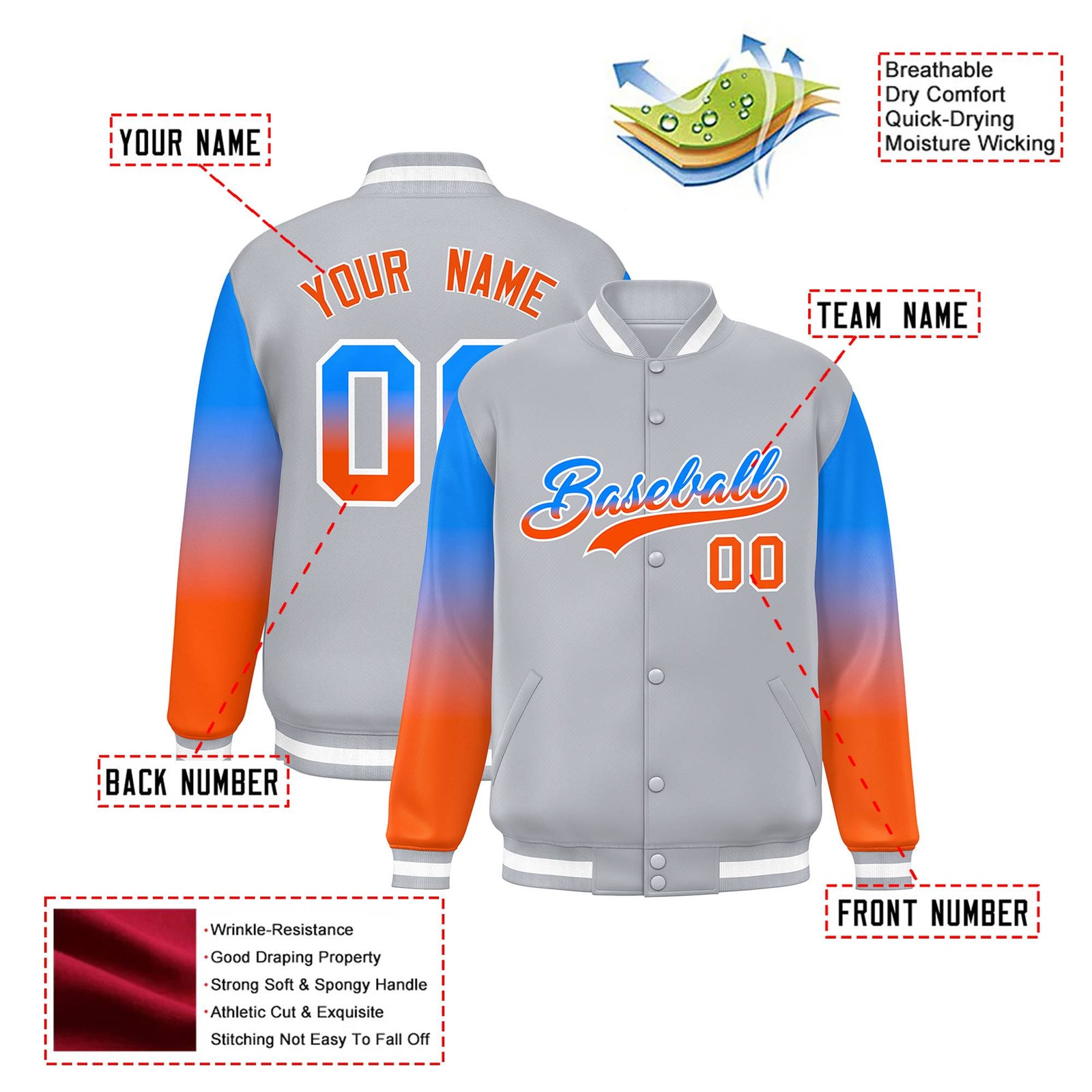Custom Gray Powder Blue-Orange Varsity Full-Snap Sleeve Gradient Fashion Letterman Baseball Jacket