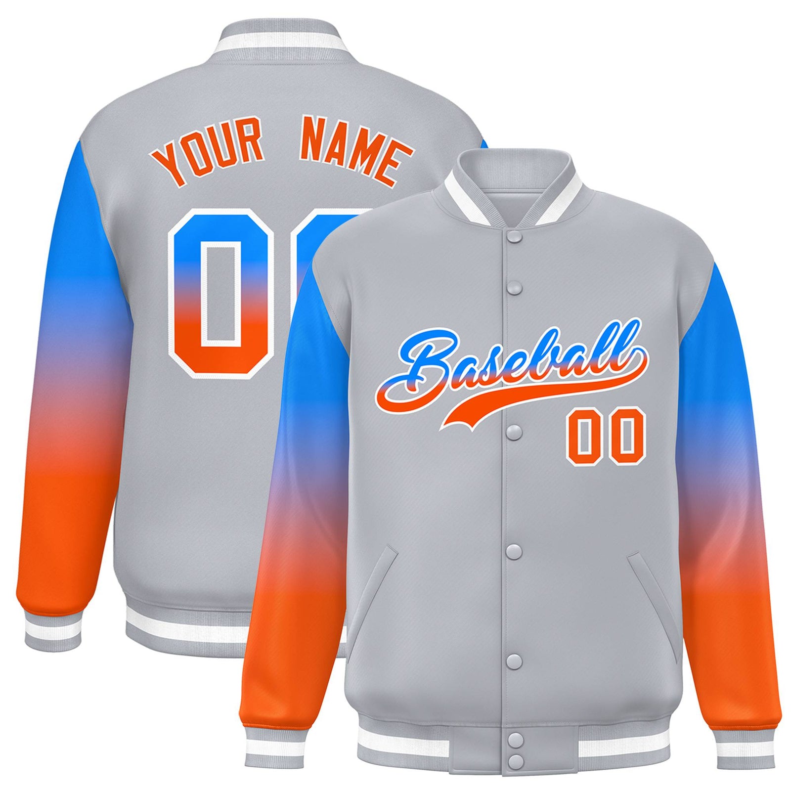 Custom Gray Powder Blue-Orange Varsity Full-Snap Sleeve Gradient Fashion Letterman Baseball Jacket