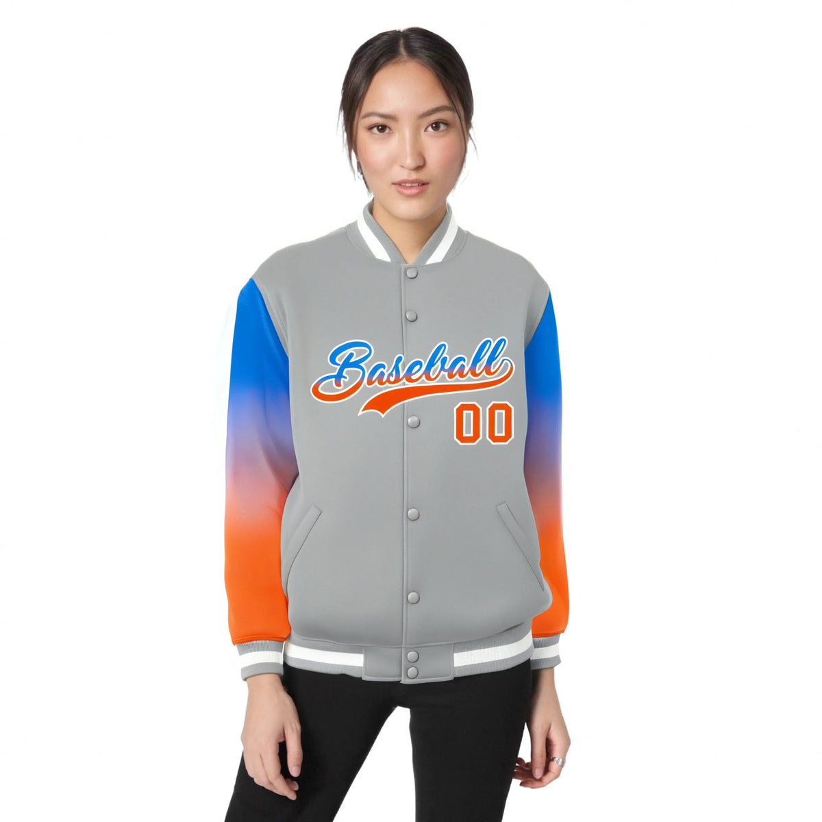 Custom Gray Powder Blue-Orange Varsity Full-Snap Sleeve Gradient Fashion Letterman Baseball Jacket