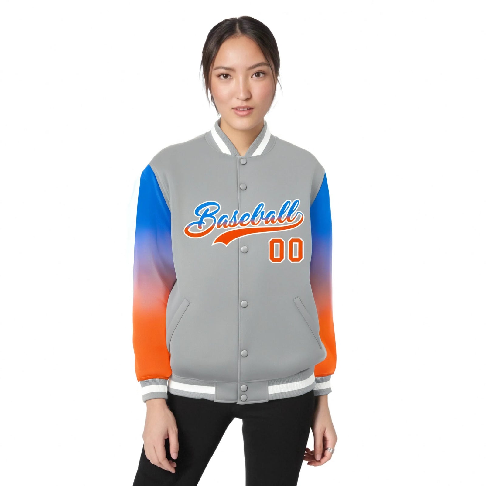 Custom Gray Powder Blue-Orange Varsity Full-Snap Sleeve Gradient Fashion Letterman Baseball Jacket