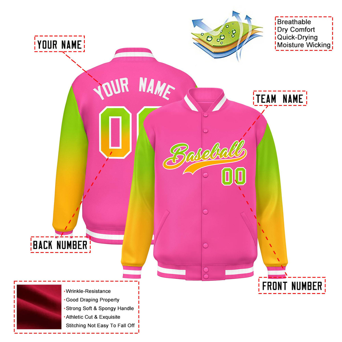 Custom Pink Neon Green-Yellow Varsity Full-Snap Sleeve Gradient Fashion Letterman Baseball Jacket