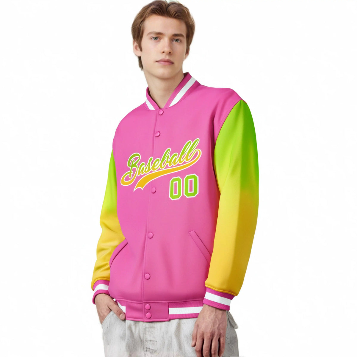 Custom Pink Neon Green-Yellow Varsity Full-Snap Sleeve Gradient Fashion Letterman Baseball Jacket