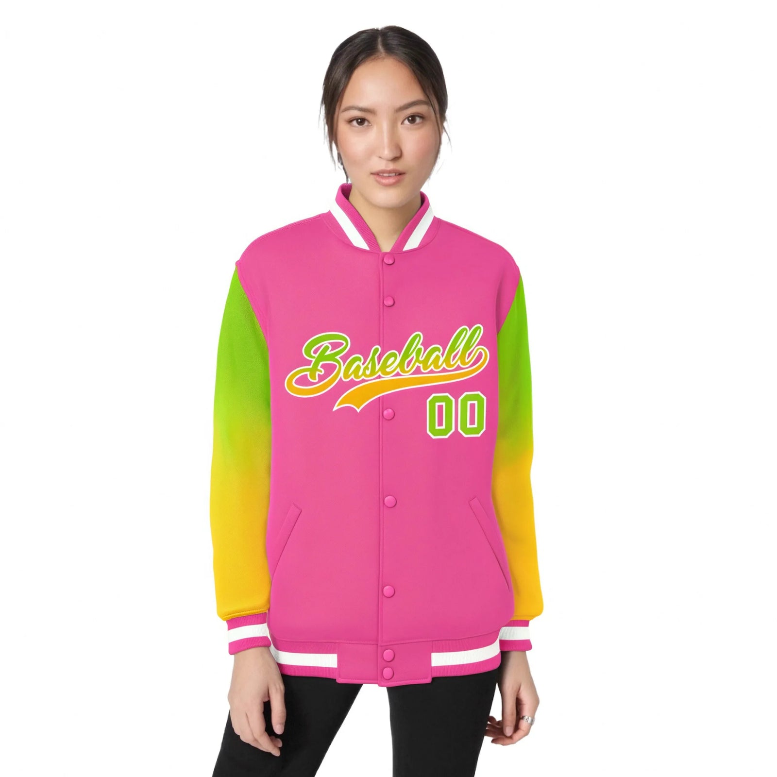 Custom Pink Neon Green-Yellow Varsity Full-Snap Sleeve Gradient Fashion Letterman Baseball Jacket