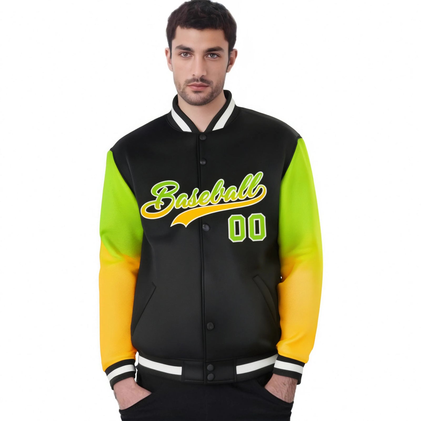 Custom Black Neon Green-Yellow Varsity Full-Snap Sleeve Gradient Fashion Letterman Baseball Jacket