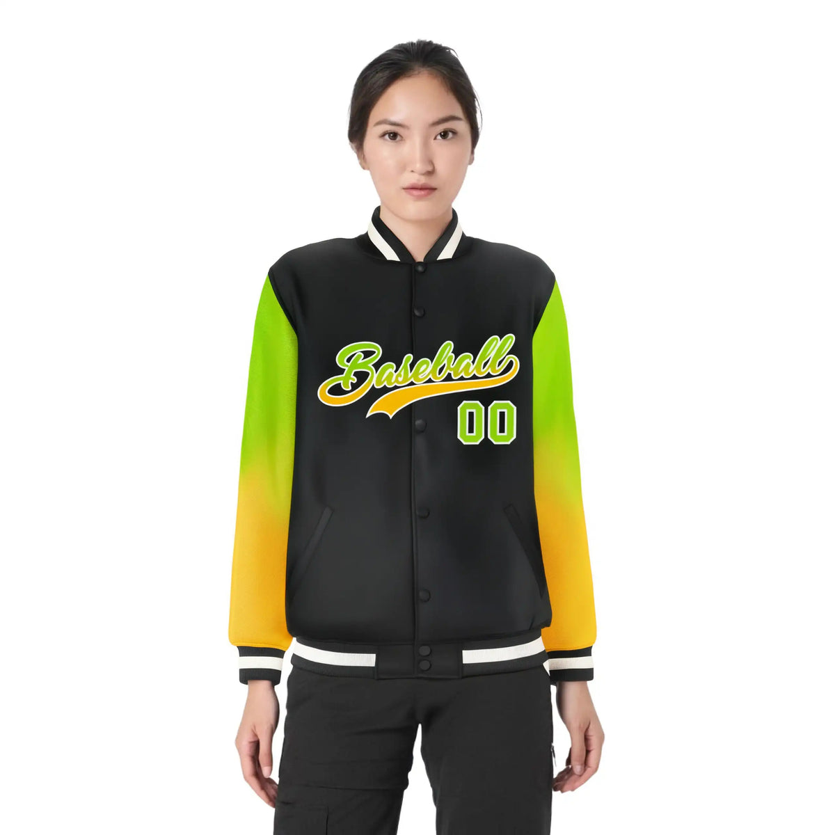 Custom Black Neon Green-Yellow Varsity Full-Snap Sleeve Gradient Fashion Letterman Baseball Jacket