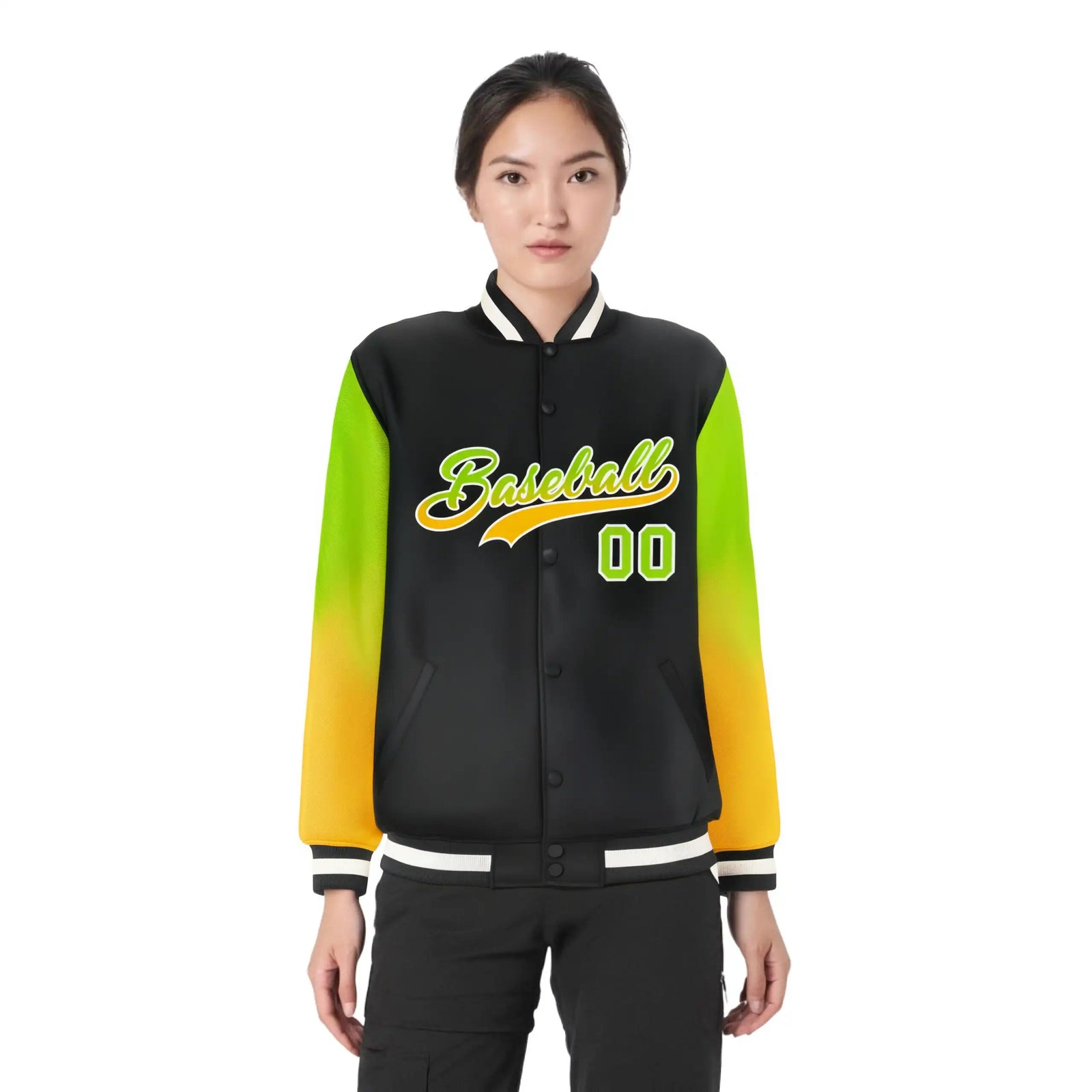 Custom Black Neon Green-Yellow Varsity Full-Snap Sleeve Gradient Fashion Letterman Baseball Jacket