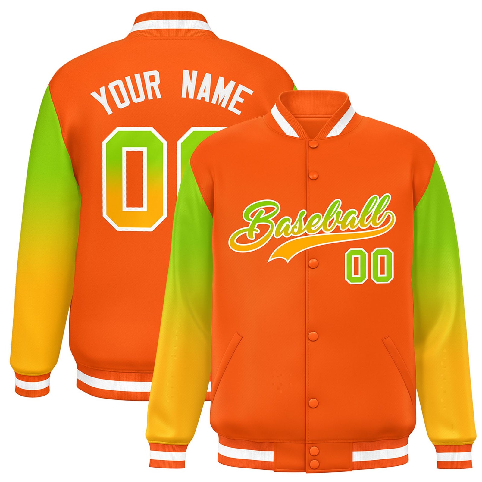 Custom Orange Neon Green-Yellow Varsity Full-Snap Sleeve Gradient Fashion Letterman Baseball Jacket
