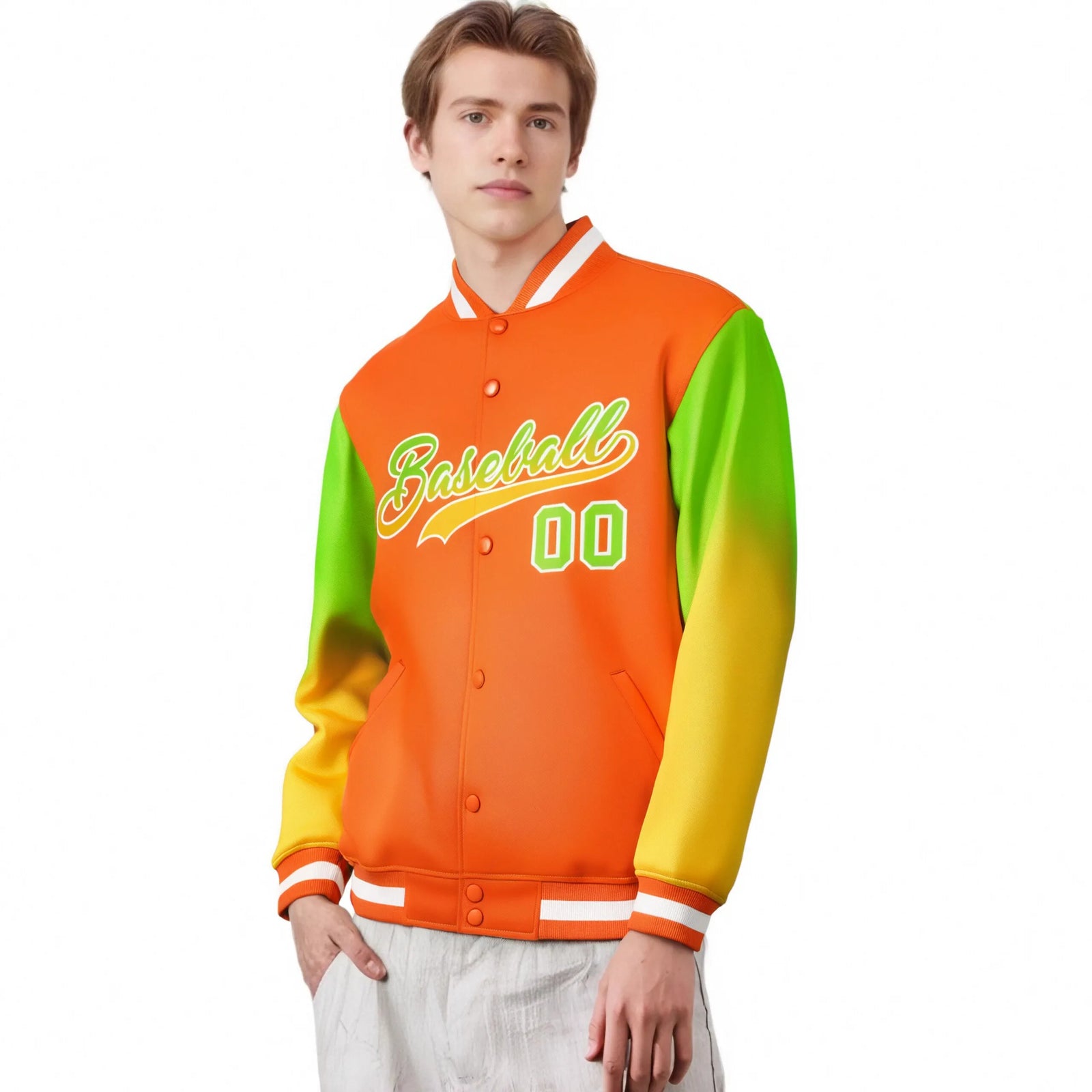 Custom Orange Neon Green-Yellow Varsity Full-Snap Sleeve Gradient Fashion Letterman Baseball Jacket