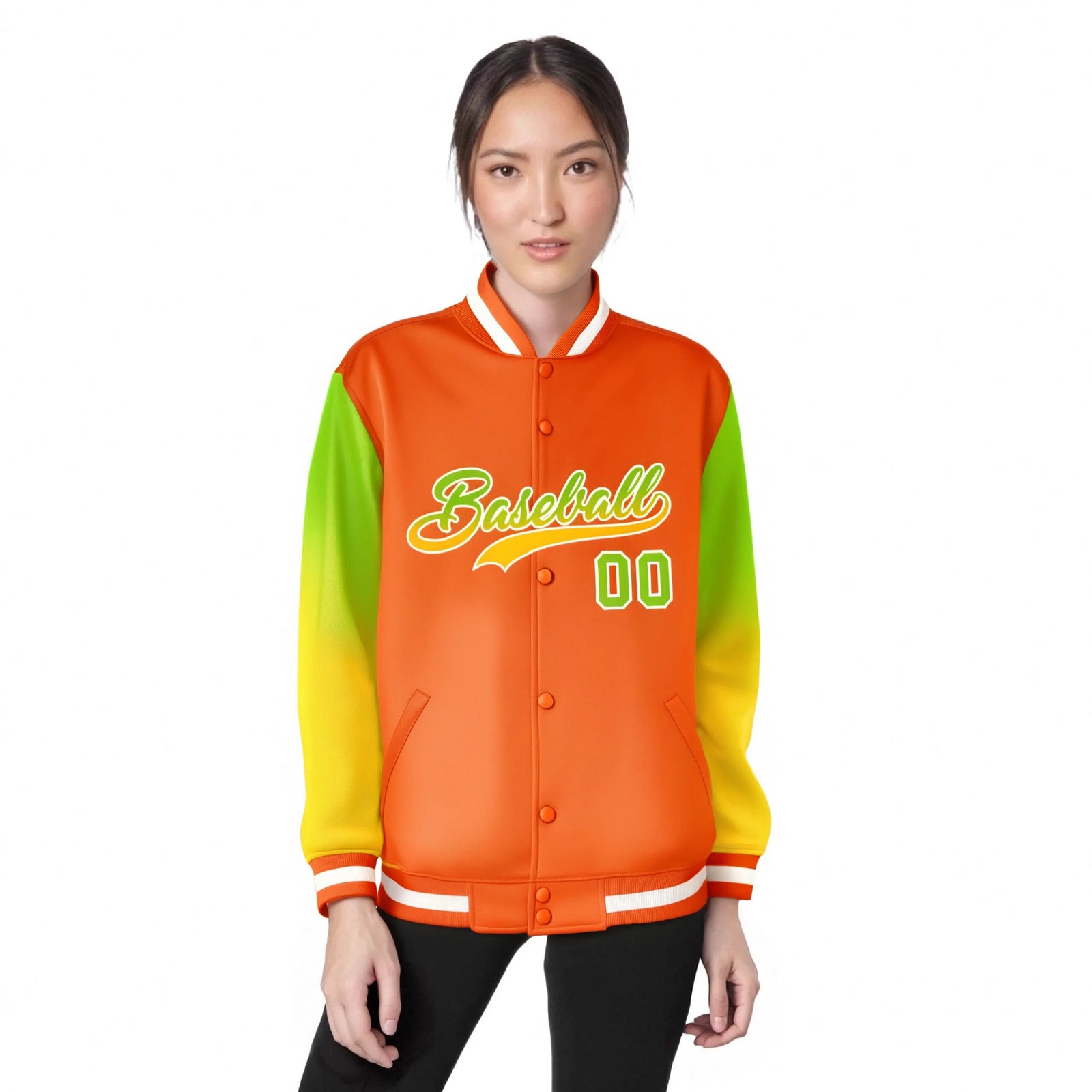 Custom Orange Neon Green-Yellow Varsity Full-Snap Sleeve Gradient Fashion Letterman Baseball Jacket