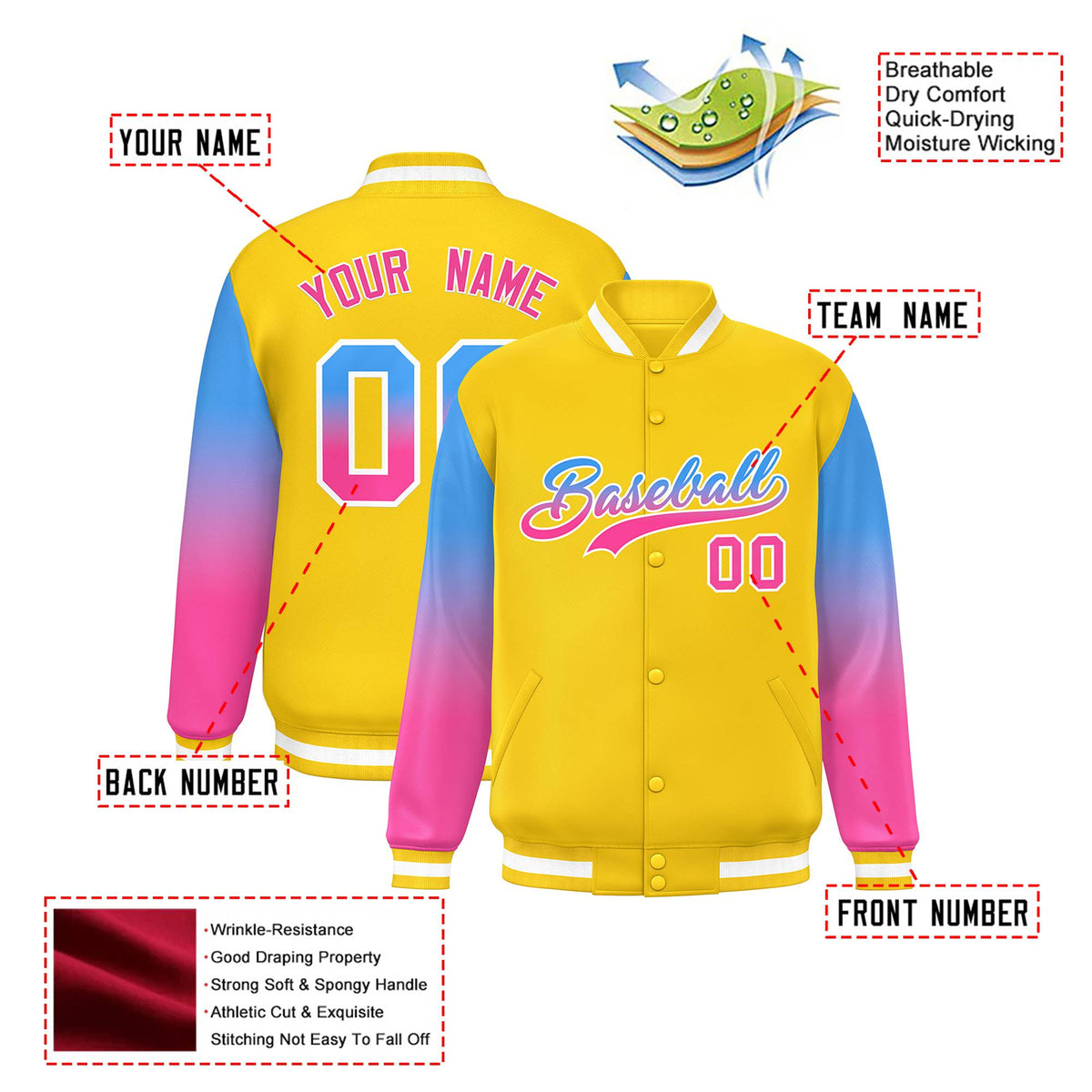 Custom Gold Powder Blue-Pink Varsity Full-Snap Sleeve Gradient Fashion Letterman Baseball Jacket