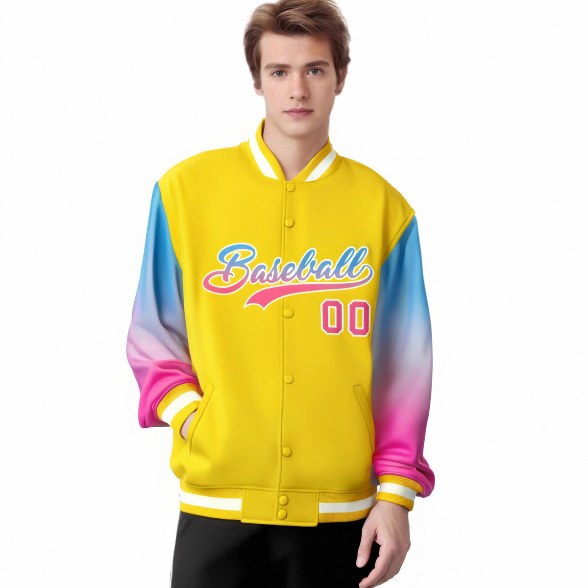 Custom Gold Powder Blue-Pink Varsity Full-Snap Sleeve Gradient Fashion Letterman Baseball Jacket