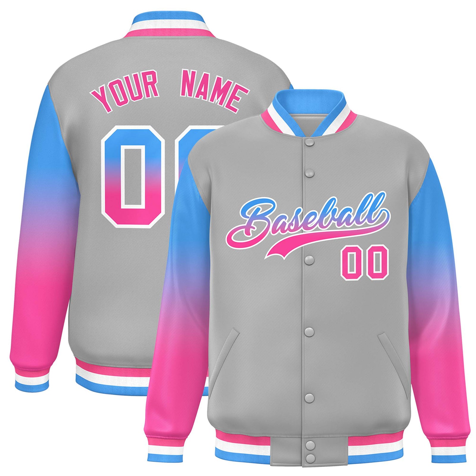 Custom Gray Powder Blue-Pink Varsity Full-Snap Sleeve Gradient Fashion Letterman Baseball Jacket
