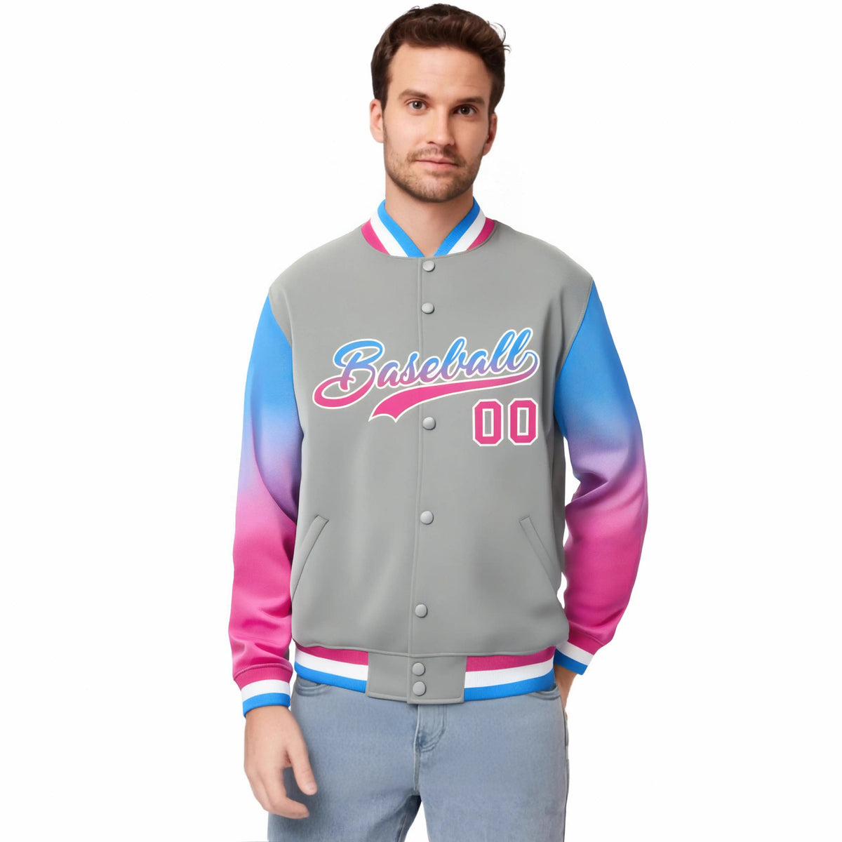Custom Gray Powder Blue-Pink Varsity Full-Snap Sleeve Gradient Fashion Letterman Baseball Jacket