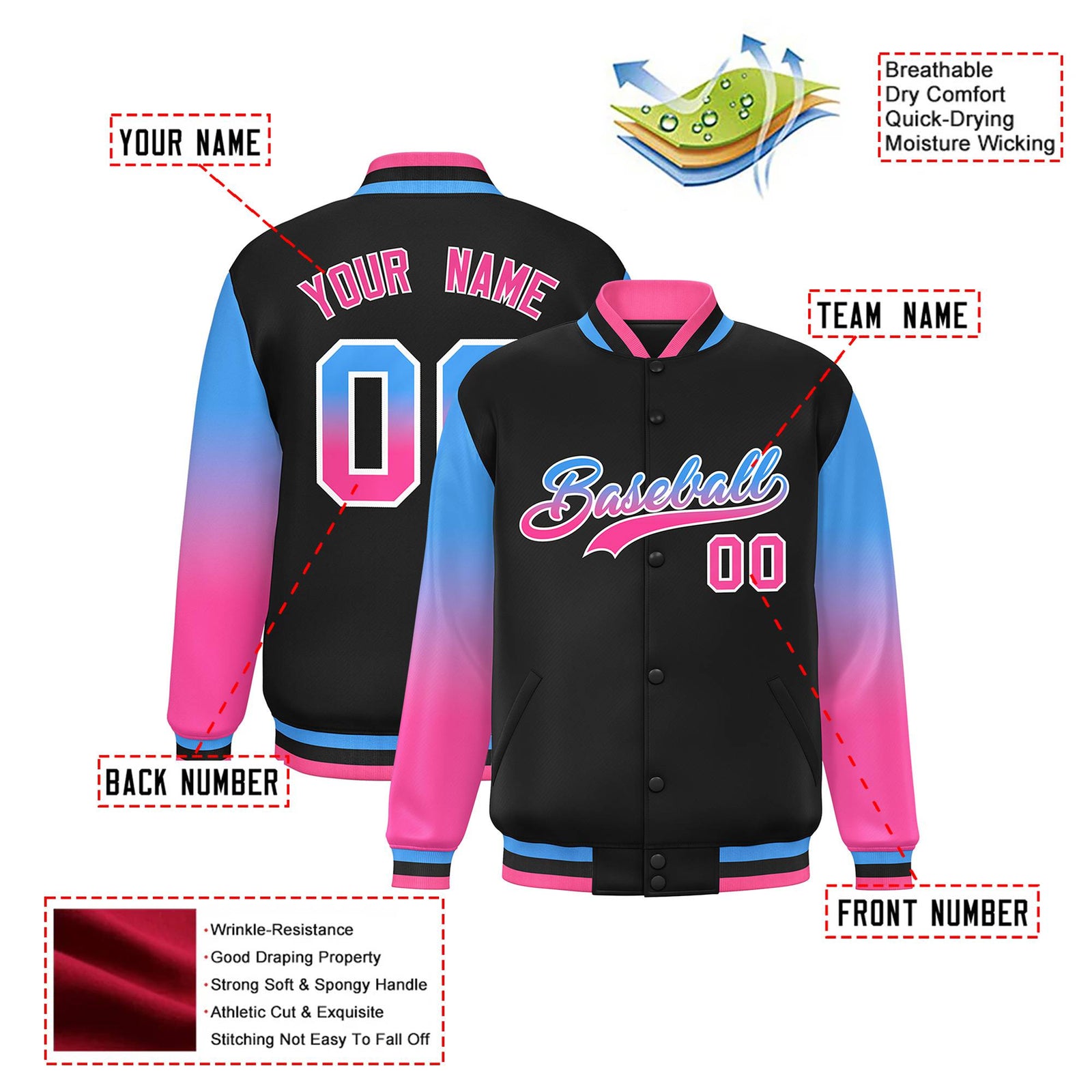Custom Black Powder Blue-Pink Varsity Full-Snap Sleeve Gradient Fashion Letterman Baseball Jacket