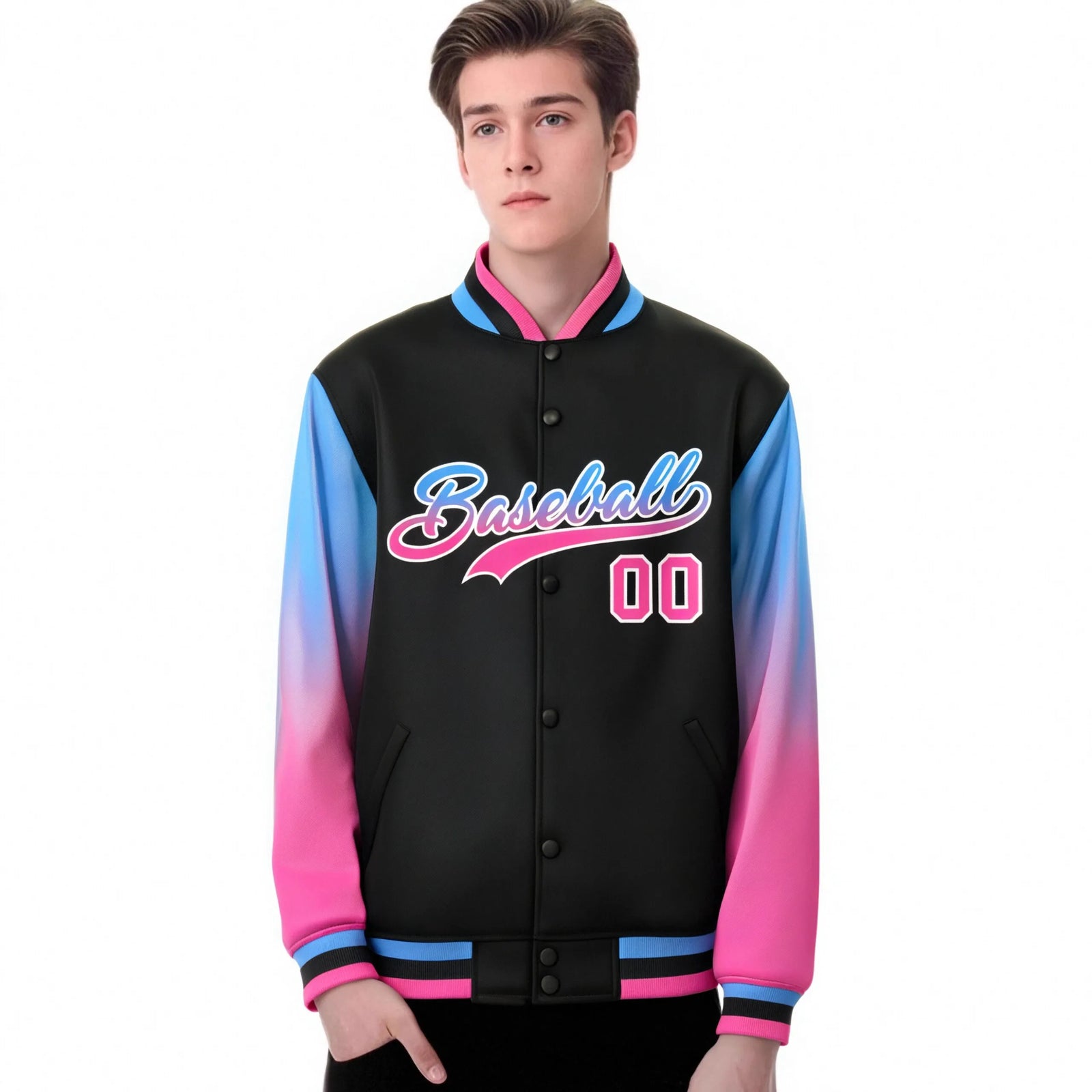 Custom Black Powder Blue-Pink Varsity Full-Snap Sleeve Gradient Fashion Letterman Baseball Jacket