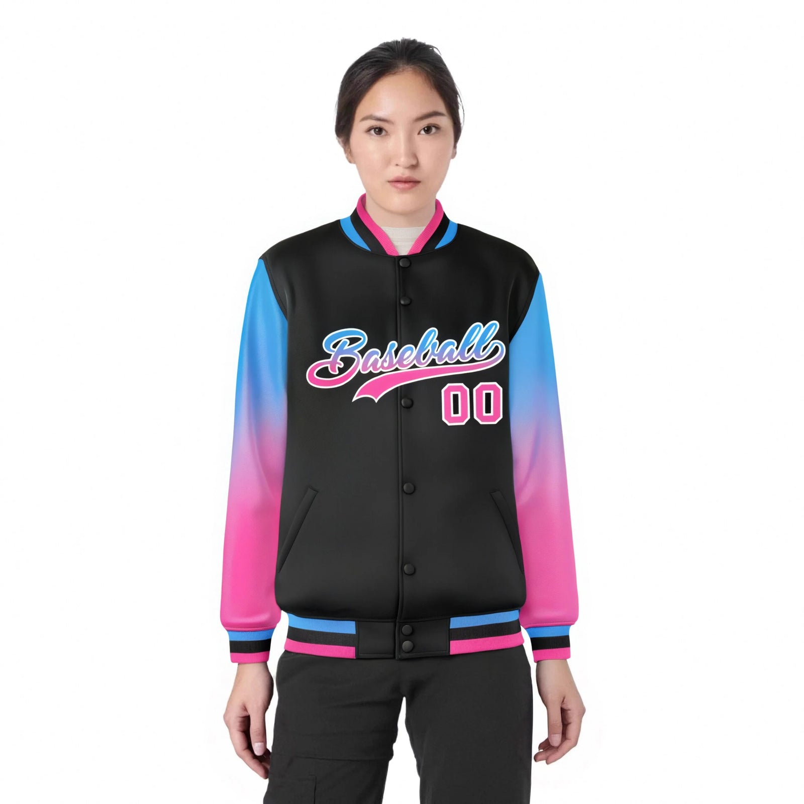 Custom Black Powder Blue-Pink Varsity Full-Snap Sleeve Gradient Fashion Letterman Baseball Jacket