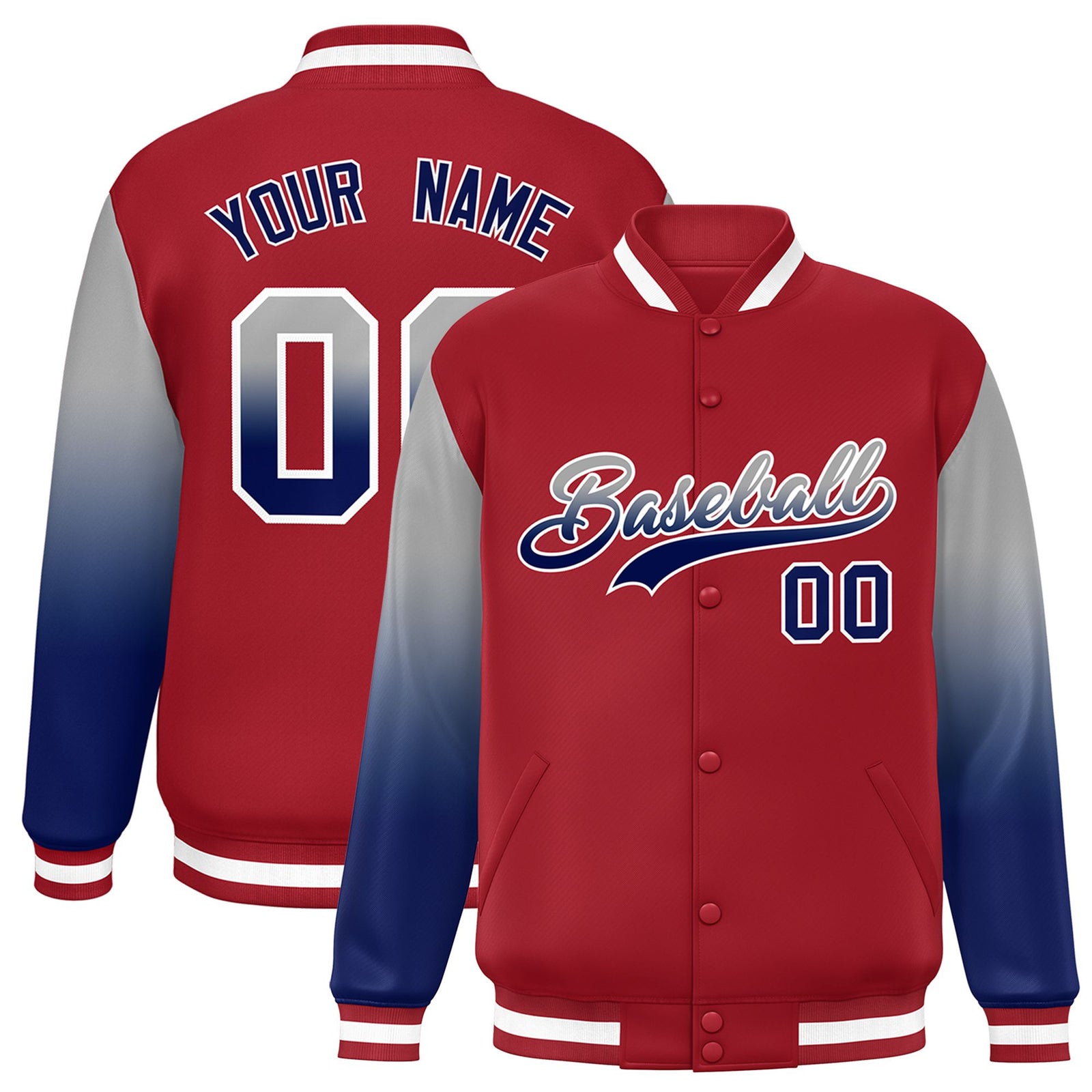 Custom Red Gray-Royal Blue Varsity Full-Snap Sleeve Gradient Fashion Letterman Baseball Jacket