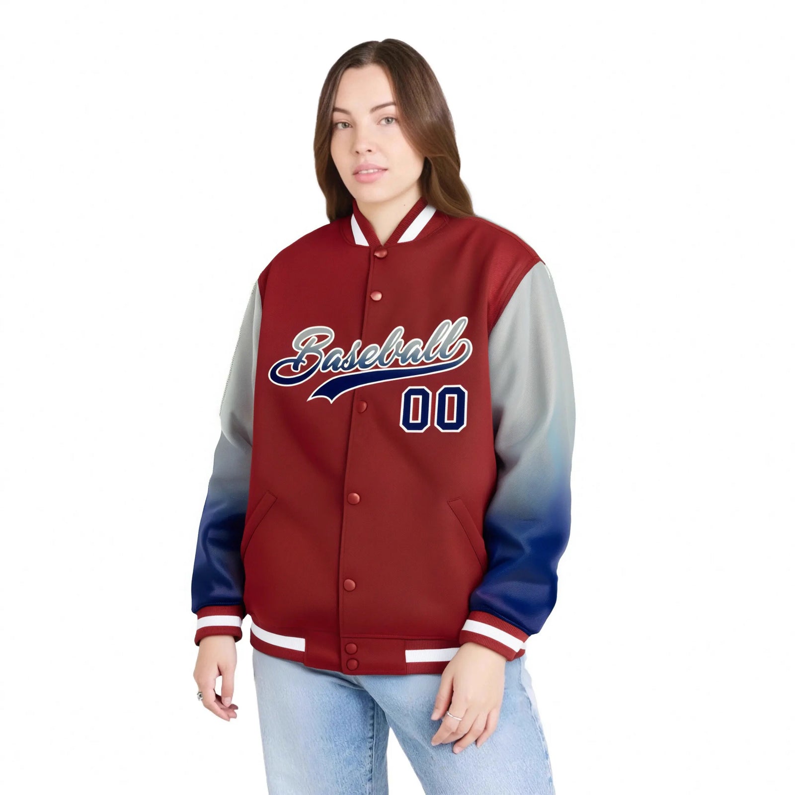 Custom Red Gray-Royal Blue Varsity Full-Snap Sleeve Gradient Fashion Letterman Baseball Jacket