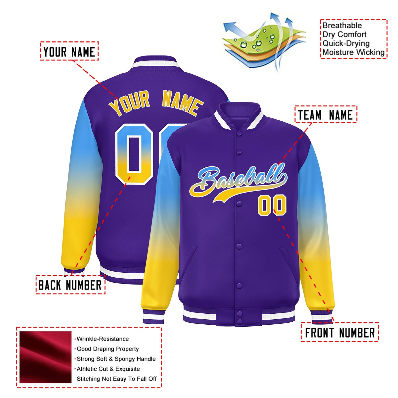 Custom Purple Powder Blue-Gold Varsity Full-Snap Sleeve Gradient Fashion Letterman Baseball Jacket