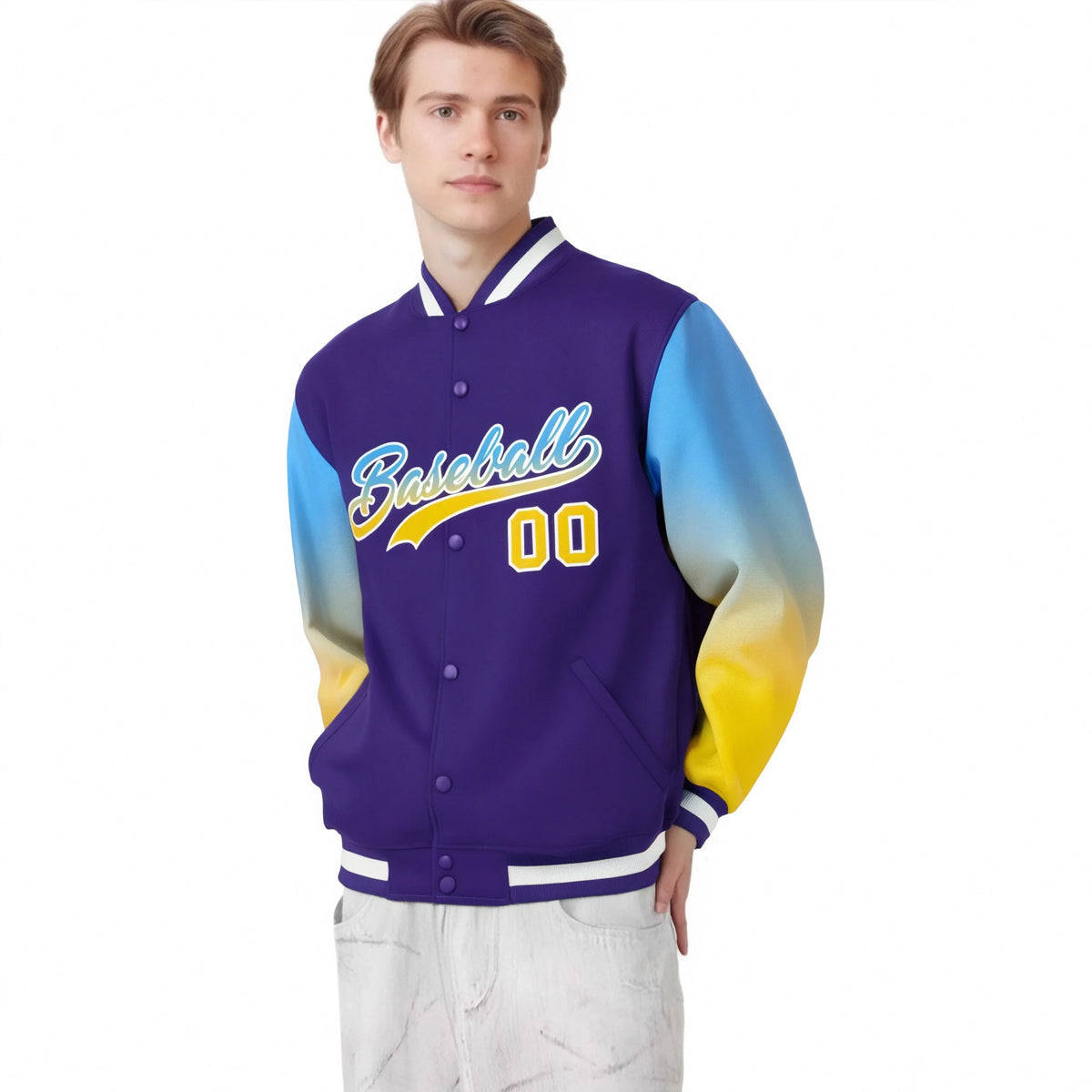 Custom Purple Powder Blue-Gold Varsity Full-Snap Sleeve Gradient Fashion Letterman Baseball Jacket