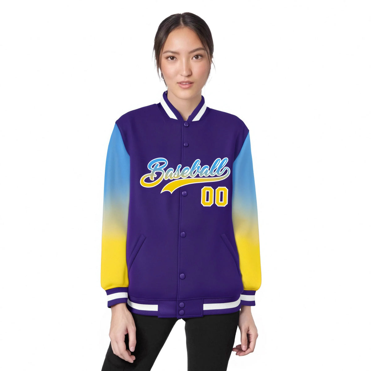 Custom Purple Powder Blue-Gold Varsity Full-Snap Sleeve Gradient Fashion Letterman Baseball Jacket