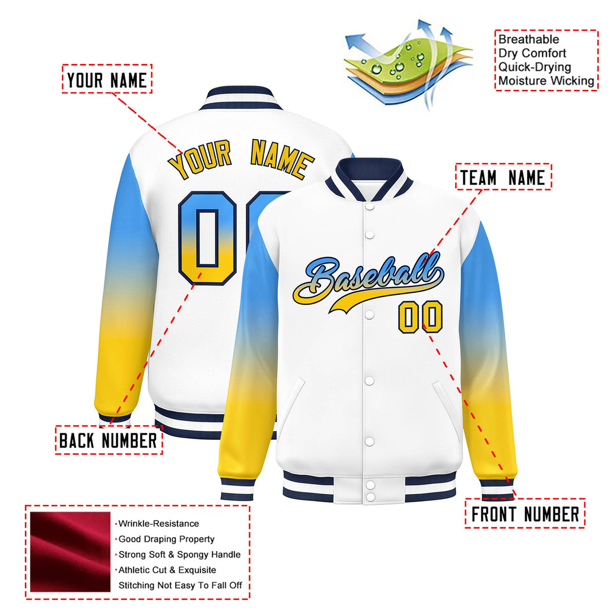 Custom White Powder Blue-Gold Varsity Full-Snap Sleeve Gradient Fashion Letterman Baseball Jacket