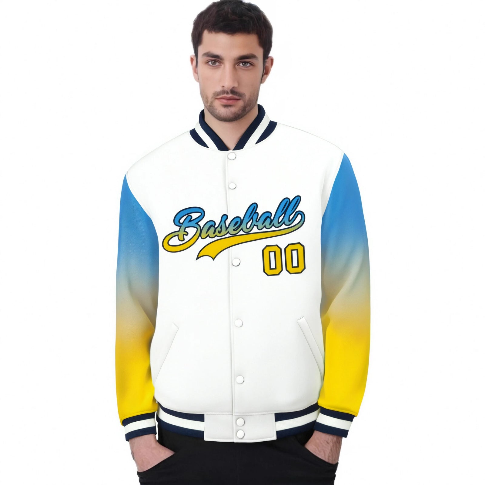 Custom White Powder Blue-Gold Varsity Full-Snap Sleeve Gradient Fashion Letterman Baseball Jacket